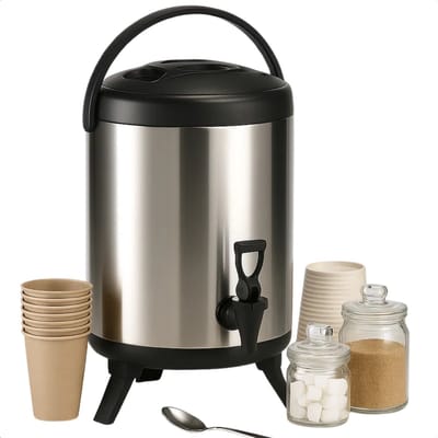Cheqo® Thermos Drankdispenser - RVS Materiaal - Dubbelwandig Isolerend - Warme En Koude Dranken - Tapkraan - Opklapbare Pootjes - Thermoskan - Drank Serveren