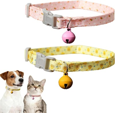 Set van 2 Verstelbare Kattenhalsbanden met Bel, Duurzaam en Wasbaar, 20-30 cm, Geel/Roze, Ideaal voor Kittens en Volwassen Katten
