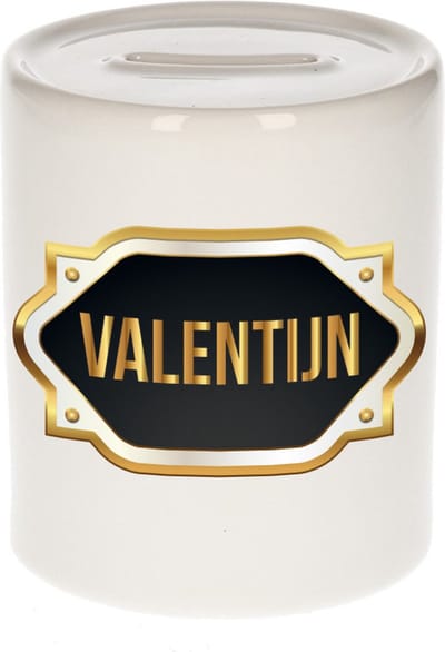 Spaarpot met voornaam Valentijn - wit - met goud/zwart embleem - 8 x 9 cm - keramiek - met afsluitdop - cadeau verjaardag