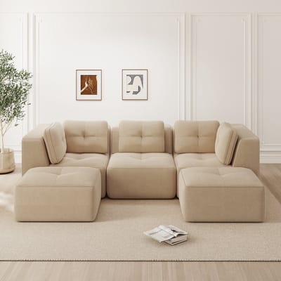 U-vormige hoekbank - modulaire combinatiestoel met voetenbank - voor woonkamer - driezitsbank - diepe zitting - beige