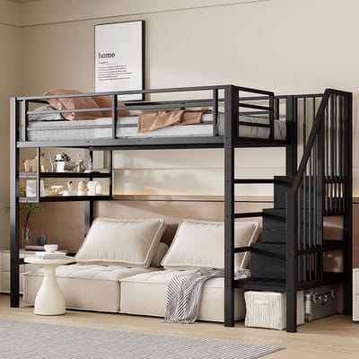 Komhtom Hoogslaper, 90*200 cm, planken, opbergladder, vrije ruimte onder het bed om te kleden, veiligheidshek, zonder matras, zwart