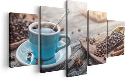Artaza Canvas Schilderij Vijfluik Blauw Kopje Koffie Met Koffiebonen - 100x50 - Foto Op Canvas - Canvas Print