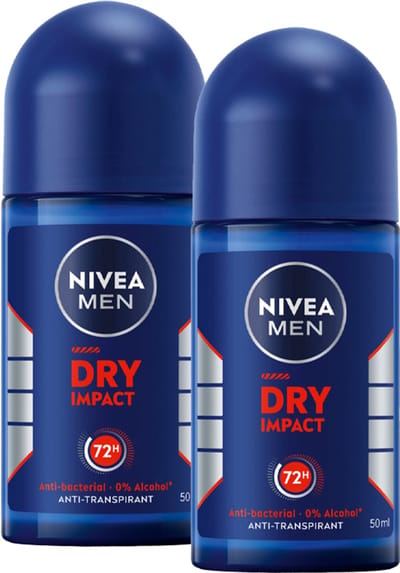 NIVEA MEN Dry Impact Anti-Transpirant Deo Roller - 72 uur Bescherming - Quick Dry Deodorant Mannen - Alcoholvrij - Voordeelverpakking - 2 x 50 ml