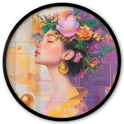 Poster in lijst Rond - Fotolijst 40x40 cm - Posters - Abstract - Vrouw - Bloemenkroon - Goud - Ronde posterlijst zwart - Decoratie - Wanddecoratie woonkamer - Muurdecoratie slaapkamer
