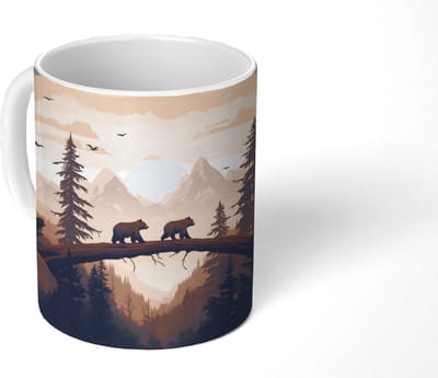 Mok - Koffiemok - Beren - Bomen - Landschap - Zonsondergang - Mokken - 350 ML - Beker - Koffiemokken - Theemok