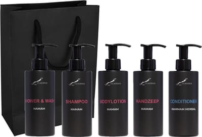 Compleet pakket Hamam - Shower & Wash + Shampoo + Bodylotion + Handzeep + Hammam Herbal conditioner - 300 ml per fles - complete set van 5 stuks - met luxe gift tas - cadeau - giftset voor hem en haar