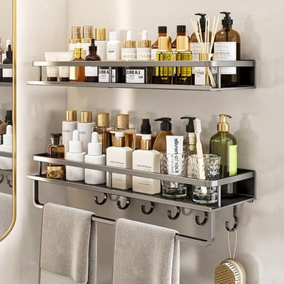 Shower Shelf zonder boren, 2-delige set, 30 cm, roestvrijstalen organizer voor badkamer, douche en keuken met handdoekhouder en 5 haken