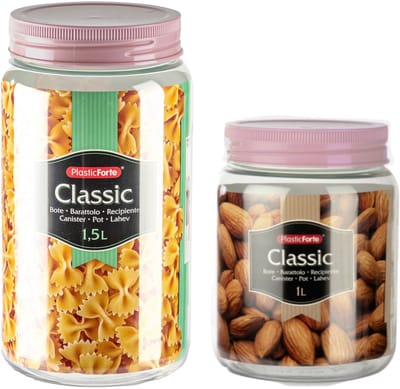 Plasticforte - Voordeelset 6x kunststof keuken voorraadpotten/weckpotten 1.0 en 1.5 liter oud roze deksel