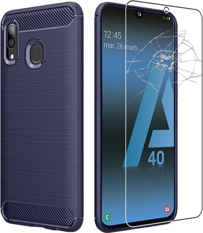 ebestStar - Hoes geschikt voor Samsung A40 Galaxy SM-A405F, TPU Bescherming Cover, Koolstof Design Hoesje, Donkerblauw + Gehard Glas
