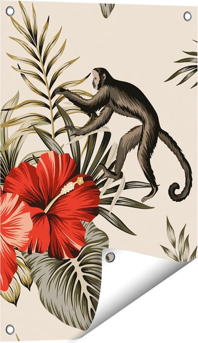 Gards Tuinposter Tropische Bloemen met Apen Achtergrond - 40x60 cm - Tuindoek - Tuindecoratie - Wanddecoratie buiten - Tuinschilderij