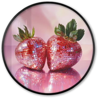 Poster in lijst Rond - Fotolijst 60x60 cm - Posters - Disco - Fruit - Glitter - Strawberry - Ronde posterlijst zwart - Decoratie - Wanddecoratie woonkamer - Muurdecoratie slaapkamer