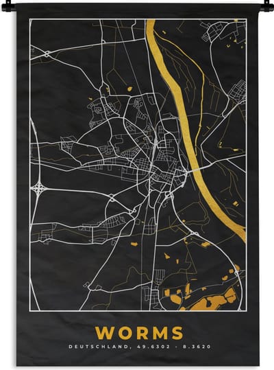 Wandkleed - Wanddoek - Black and Gold – Stadskaart – Worms – Duitsland – Plattegrond – Kaart - 120x180 cm - Wandtapijt