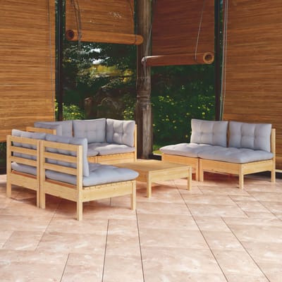 vidaXL - 7-delige - Loungeset - met - grijze - kussens - grenenhout
