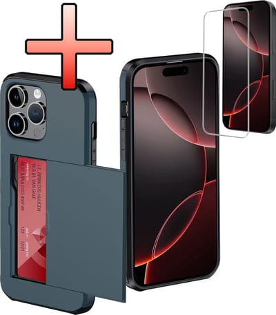 Hoes Geschikt voor iPhone 16 Pro Hoesje Pasjeshouder Hard Cover Met Screenprotector Shock Proof Hard Case Hoes Met Kaarthouder - Donkerblauw