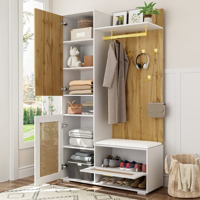 MODENUIT Garderobeset - Spiegel, Zitbank En Led - Voor Hal En Entree - MDF In Wit En Houtkleur - 110x38x190 Cm