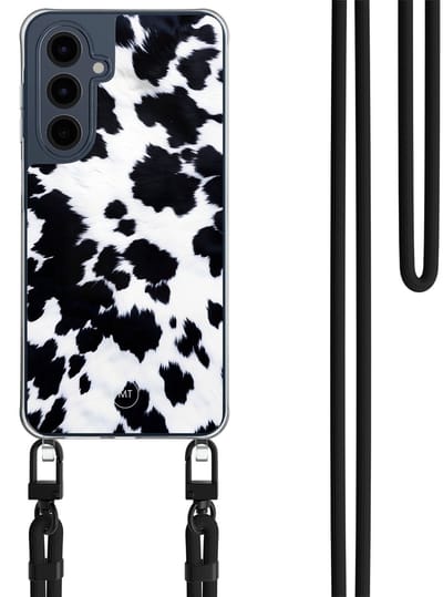Hoesje met koord geschikt voor Samsung Galaxy A16 - Koeienprint - Inclusief Zwart koord - Crossbody beschermhoes - Transparant, Zwart, Wit - Mooie Telefoonhoesjes