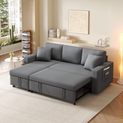 MODFU Slaapbank - Omkeerbare Chaise Longue - Met Opbergruimte En Zijvakken - Modern - Linnen - Donkergrijs - 219,5 x 142,5 x 83 cm