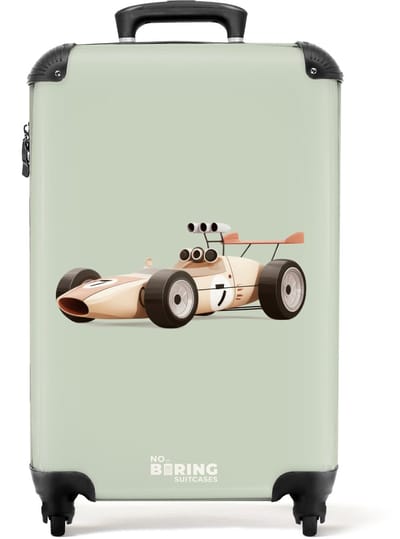 NoBoringSuitcases.com® - Kinderkoffer jongen - Kindertrolley jongens - Beige retro raceauto op groen achtergrond - Handbagage koffer lichtgewicht - Reiskoffer trolley kinderen - Rolkoffer met wieltjes - Past binnen 55x40x20 en 55x35x25