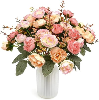 Kunstbloemen met 21 Bloemkoppen, Kleine Rozen voor Bruiloft, Tuin en Feestdecoratie - 2 Stuks van Zijde en Plastic in Roze