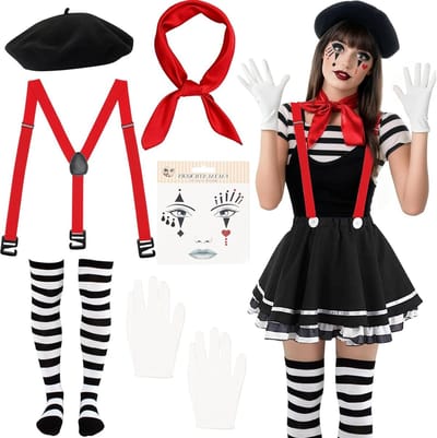 Vrouwelijk circus kostuum met accessoires voor carnaval, Halloween en cosplay - inclusief beret, sjaal, handschoenen en sokken
