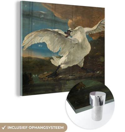 MuchoWow® Glasschilderij 50x50 cm - Schilderij acrylglas - De bedreigde zwaan - Schilderij van Jan Asselijn - Foto op glas - Schilderijen