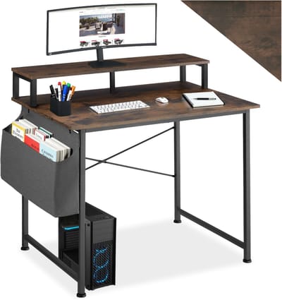 tectake® Bureau met opbergtas en monitorstandaard - Computerbureau - Houten bureaublad - Industrieel design - Zwart metalen frame - Afmetingen (LxBxH) 120 x 55x 90 cm - Donkerbruin