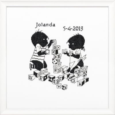 Pako Borduurpakket - Geboorte - telpatroon - Jip & Janneke geboortetegel blokken bouwen, Fiep Westendorp - 270.017 - Aida - 23 x 25 cm - DIY kit