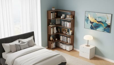 Hoekboekenkast Walnoot 6 Niveaus – Casa Velluto Moderna L-vormige Boekenkast van Massief Hout met Anti-Valpaneel – Vrijstaand Opbergrek voor Woonkamer en Thuiskantoor