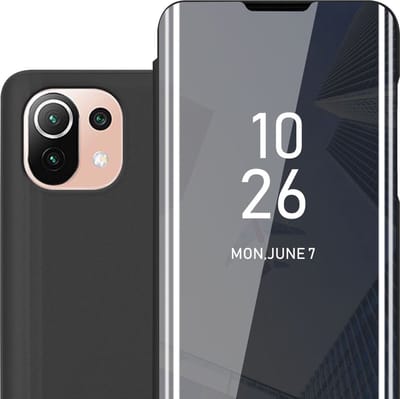 Cadorabo Hoesje geschikt voor Xiaomi Mi 11 LITE (4G / 5G) / 11 LITE NE in TOERMALIJN ZWART - Clear View Spiegel Beschermende Case met Tribunefunctie 360 Graden Bescherming Book Case Cover Etui