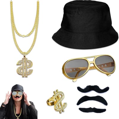 Complete Hip Hop Kostuum Set met 5 Onderdelen, 80s 90s Rapper Accessoires, Inclusief Bucket Hat, Zonnebril, Dollar Ketting, Ringen en Kunsthaar Baard voor Mannen en Vrouwen