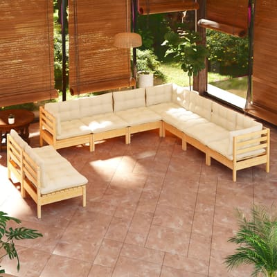 vidaXL - 9-delige - Loungeset - met - crèmekleurige - kussens - massief - grenenhout