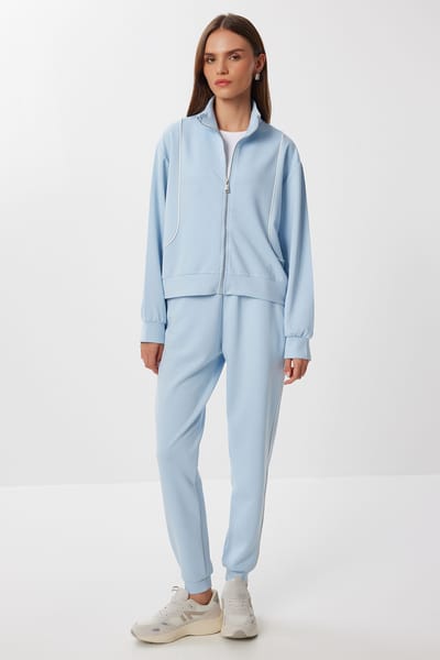 Contrast Binding Gedetailleerde Rits Sweater & Jogger Twee-Delige Set