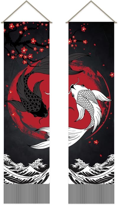 Dailygoods- Wandtapijt Retro Yin Yang - Set van 2 - Boheems Wandkleed - Muurdecoratie voor Slaapkamer/Woonkamer - 30 x 130 cm - Met Kwastje - Muurtapijt
