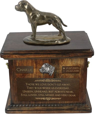 Persoonlijke urn hond voor Staffordshire Bull Terrier met beeldje