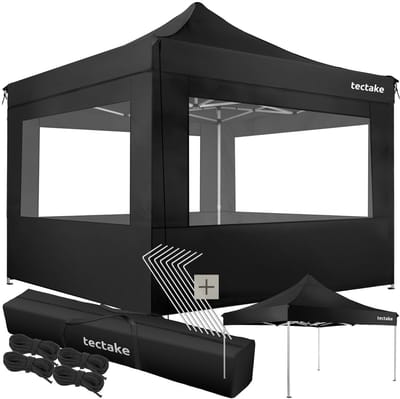 tectake® - Partytent 3x3 m - In Hoogte Verstelbaar - 4 Wanden - Draagbaar en Opvouwbaar - Zwart - Inclusief Draagtas, Spankoorden en Haringen