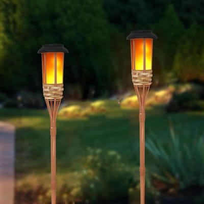 Zonne-energie Tuinverlichting met Vlam Effect, Waterdichte Buitenlamp, Handgemaakte Bamboe Fakkel (2 Stuks)