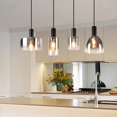 NETTLIFE Hanglamp E27 - Glas - 4-Lichts - rechthoekig - rookgrijs - Vintage Eetkamerlamp - in hoogte verstelbaar 150cm - Glazen Hanglamp - voor Keuken | Slaapkamer | Woonkamer (exclusief lampen)-excl. lichtbron