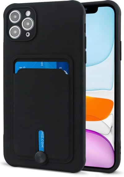 Silicone Hoesje Geschikt voor: iPhone 11 Pro Max - Push-pull Case met Pasjeshouder - TPU Hoes Met Vakje Voor Pasje - Card Case Back Cover - Zwart