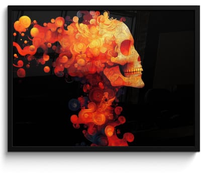 Poster in lijst - Fotolijst 80x60 cm - Posters - Schedel - Oranje - Zijaanzicht - Vlammen - Posterlijst zwart - Decoratie - Wanddecoratie woonkamer - Muurdecoratie slaapkamer