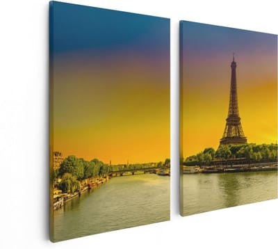 Artaza Canvas Schilderij Tweeluik Eiffeltoren In Parijs Tijdens Zonsopgang - 80x60 - Foto Op Canvas - Canvas Print