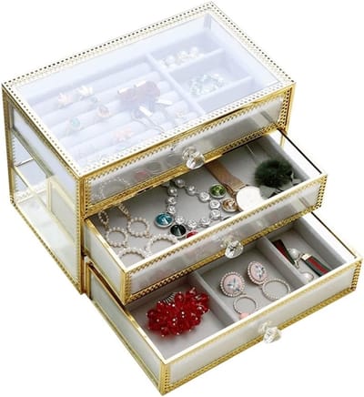 Sieradendoos Organizer - Glazen Opberger - Sieraden Opbergen - Drie Lagen - 23x14.5x14.5 cm - Goud