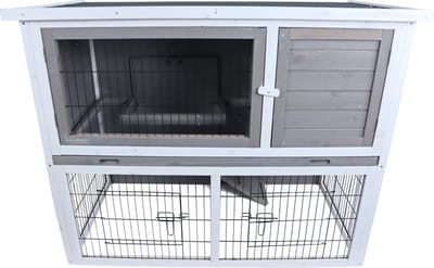 Konijnenhok met lade en ren - Bouwpakket - Kleur: grijs/wit - Afmetingen: 114x61x92 cm.