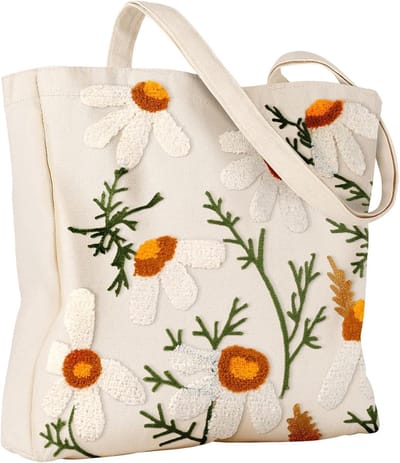 Dames Geborduurde Canvas Tote Bag – Herbruikbare Boodschappentas, Esthetische Schoudertas van Katoen voor Werk, Boeken & Dagelijks Gebruik