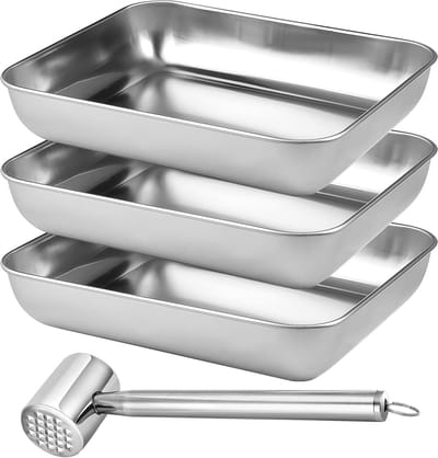 Set van 3 RVS Rechthoekige Schalen voor Paneren, Ideaal voor Escalopes, Vis en Groenten, Vaatwasmachinebestendig, 25x19x5cm