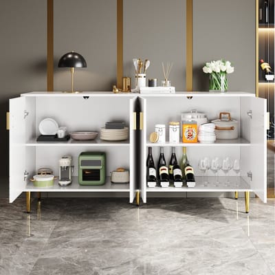 Wit dressoir 152x40x75 cm - golvend design - gouden handgreep en poot - voegt elegantie toe aan de eetruimte