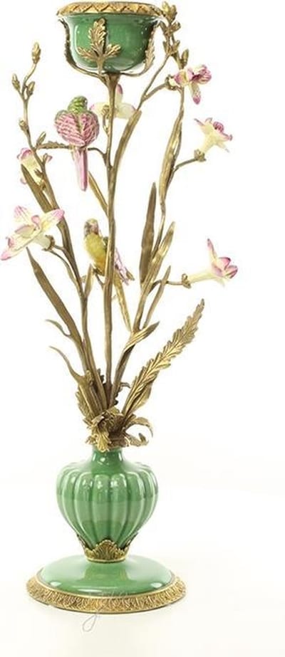 Kandelaar Gaudi stijl - tafeldecoratie - Porseleinen plant - Bronzen elementen - 64 cm hoog