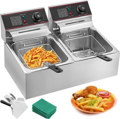 Luxe Dubbele Frituurpan – Frituur – Frietpan – Friteuse – 2 Onafhankelijke Thermostaten – Vervangbare Manden – 12L – RVS – 5000W – Zilver