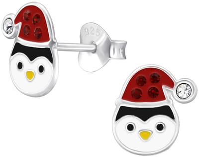 Joy|S - Zilveren kerst oorbellen - 6.5 x 8.6 mm - pinguïn met kerstmuts - kinderoorbellen