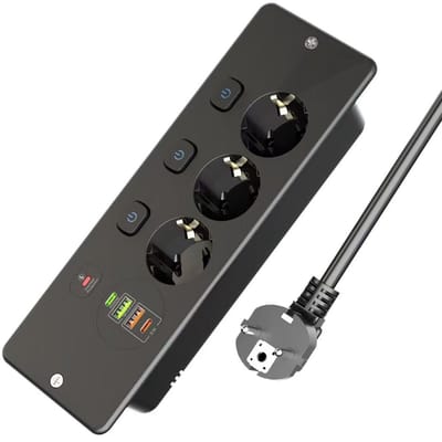 Inbouwstekkerdoos - Bureaustekkerdoos - E68 Zwart - Standaard opladen - Drie-polige stekker - Met 4 USB-C-poorten - Aparte schakelaar - Geschikt voor keukens, woningen en kantoren - 2 meter kabel - Zwart