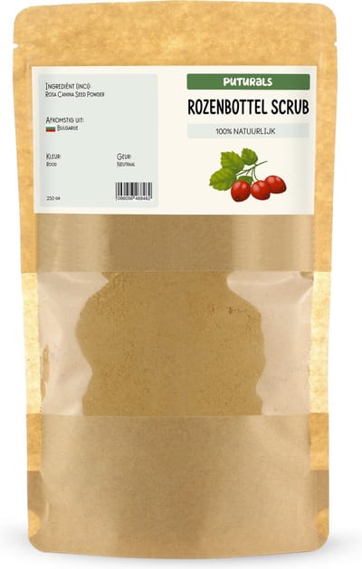 Gezichtsscrub 100 % Natuurlijk & Puur - 250gr - Gemaakt van Gemalen Rozenbottelzaden - Rijk aan Vitamines A en C - Gezichtsscrub Vrouwen en Mannen - Geschikt als Scrub voor zowel Gezichtsreiniging als Lichaam - Natuurlijk Rozenbottel Scrub